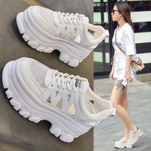 Genuine Leather Cut Out Heightening 9cm Thick-Soled Sandals for Women New Breathable Lace-Up Mesh White Shoes Comfortable Flats Lightweight