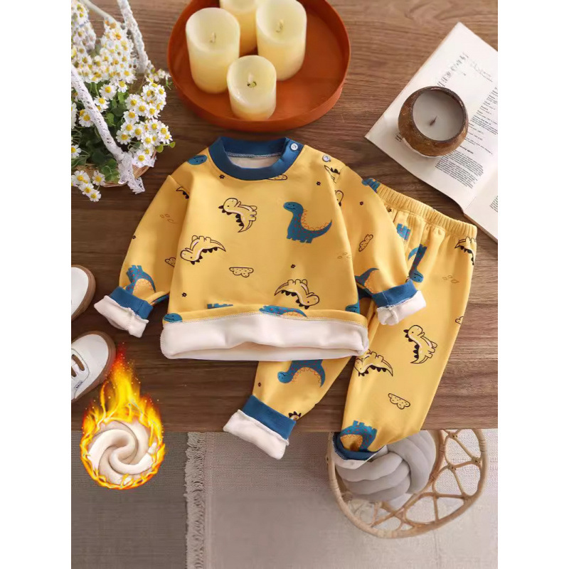 Children's thermal underwear suit fleece-lined thickened boys home clothes girls pajamas baby autumn and winter warm clothing wholesale