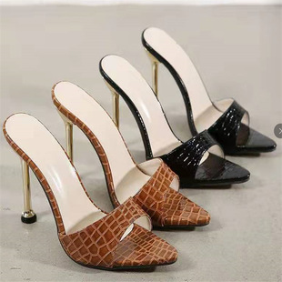 Cross-Border European and American Export Large Size 2021 Spring and Summer New Ultra-High Heel Metal Heel Pointed Toe Fish Mouth Snake Pattern Sandals for Women