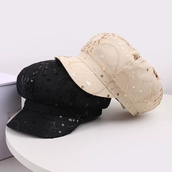 Fashion New Spring and Summer Breathable Casual Fashion Mesh Sequin Octagonal Cap Outdoor Travel Face Shown Small Sunshade Hat
