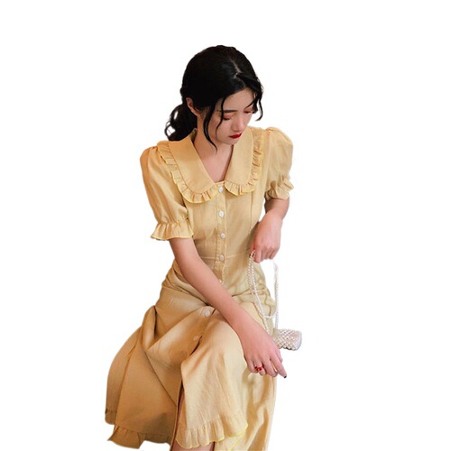 French vintage niche women's baby neck medium-long Korean style summer slimming waist temperament long dress
