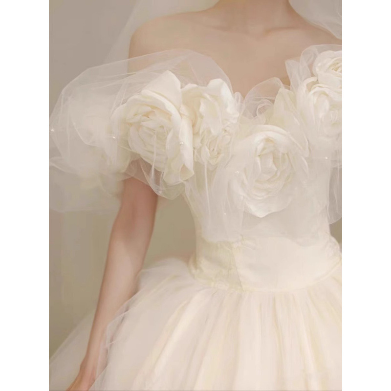 Abito da sposa leggero con spalle scoperte, stile Mori, tessuto francese di alta qualità, nuovo modello 2025, abito da sera per sposa minuta._voghion.com