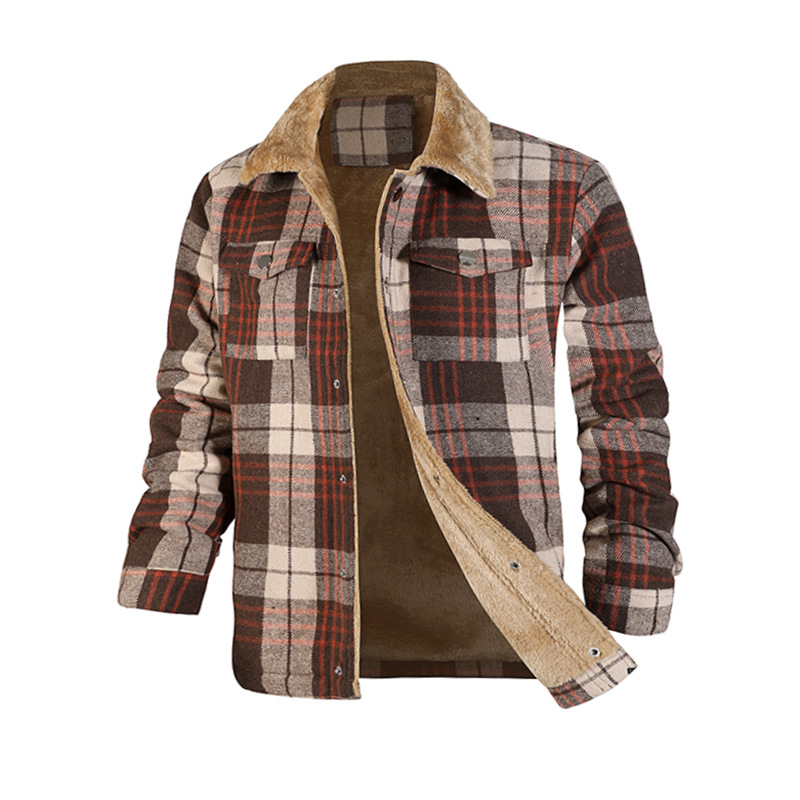 Giacca da uomo in flanella a quadri di nuovo stile, a maniche lunghe, con risvolto, in pile per calore e vestibilità ampia_voghion.com