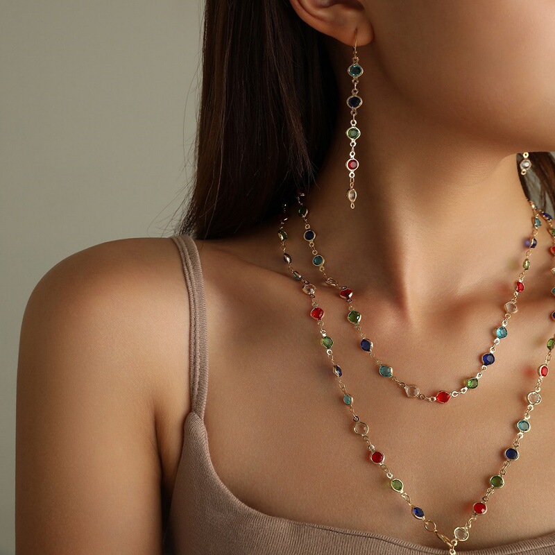 European and American Style Cross-Border New Alloy Fashion Colorful Rhinestone Long Necklace Accessories for Women Niche Creative Clavicle Chain Jewelry European and American Style Cross-Border New Alloy Fashion Colorful Rhinestone Long Necklace Accessories for Women Niche Creative Clavicle Chain Jewelry