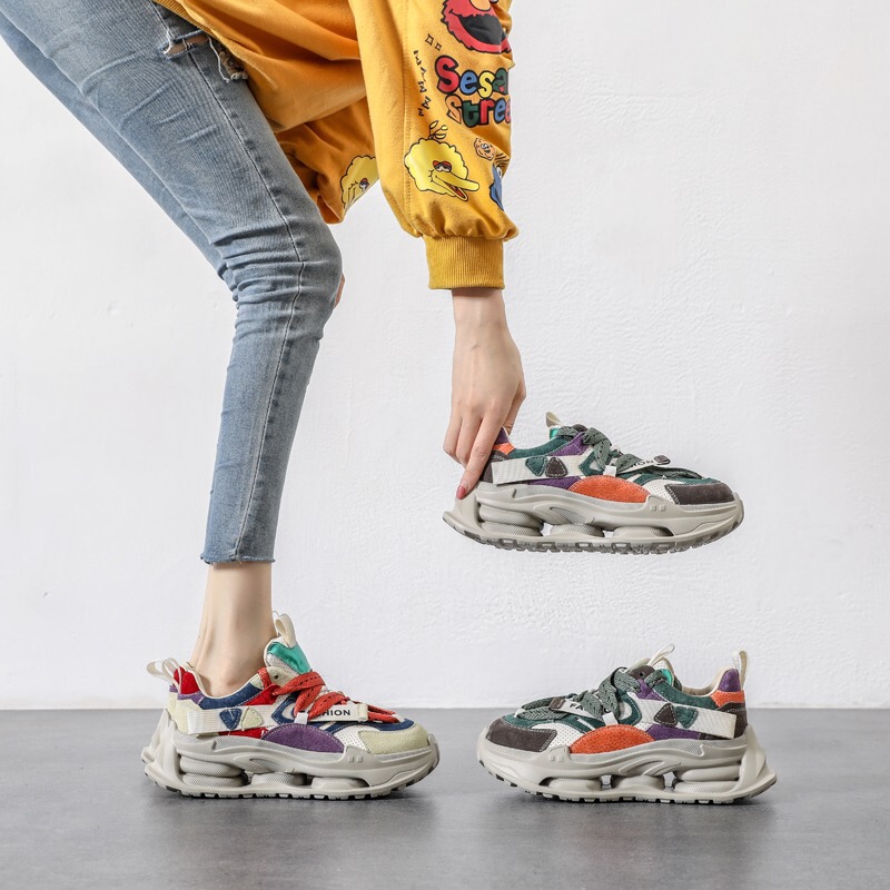 Fried Street Sports Casual Shoes Women's 2023 Explosive Genuine Leather Thick Sole Increased Color-matching Torre Shoes Lightweight Feet Small Comfortable