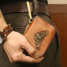 新款头层牛皮腰挂钥匙包男复古植鞣皮手工擦色做旧拉链家用锁匙包