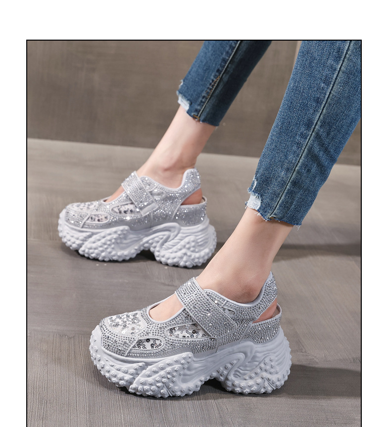 Sandal nữ đế dày đính đá phong cách La Mã, gót cao 8 cm — bạc chi tiết 10