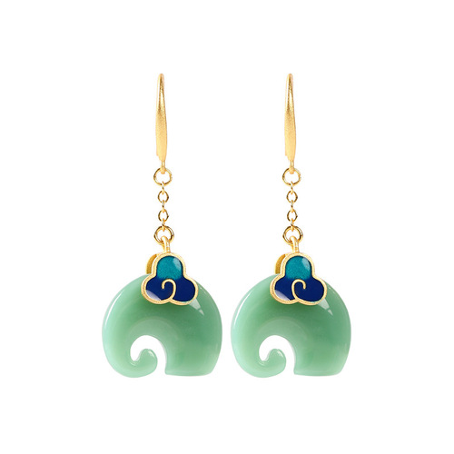 Airyuan national trend niche cold enamel 925 silver needle Xiangyun elephant imitation Hetian jade retro style earrings
