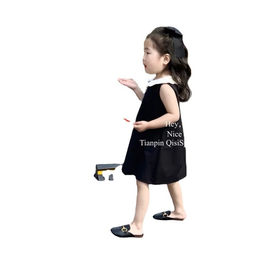 Classic Little Black Dress Girls Dress Summer New Korean Style Sleeveless Baby Doll Collar Tank Top Princess Dress Trendy