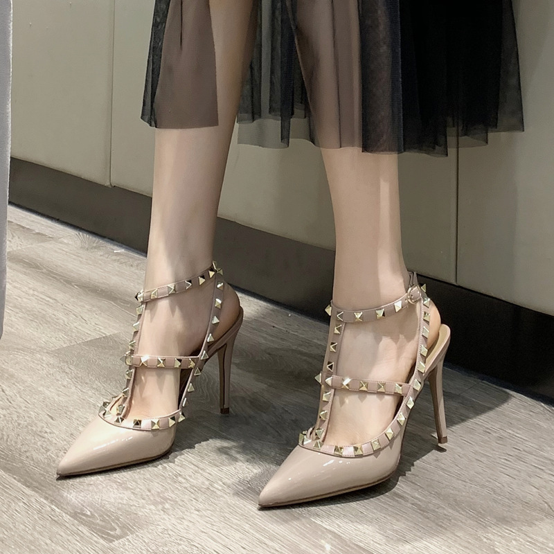 Valentino High Heels Women's Rivet Pointed Toe Two-Strap Three-Strap Genuine Leather Patent Leather Stiletto Heel Willow Summer Sandals for Women