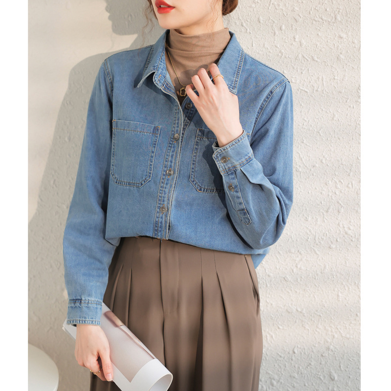 Factory Vintage Distressed Blue Soft Denim Shirt for Women, New Spring and Autumn Versatile Regular Shoulder Layered Cotton Denim Shirt Factory Vintage Distressed Blue Soft Denim Shirt for Women, New Spring and Autumn Versatile Regular Shoulder Layered Cotton Denim Shirt