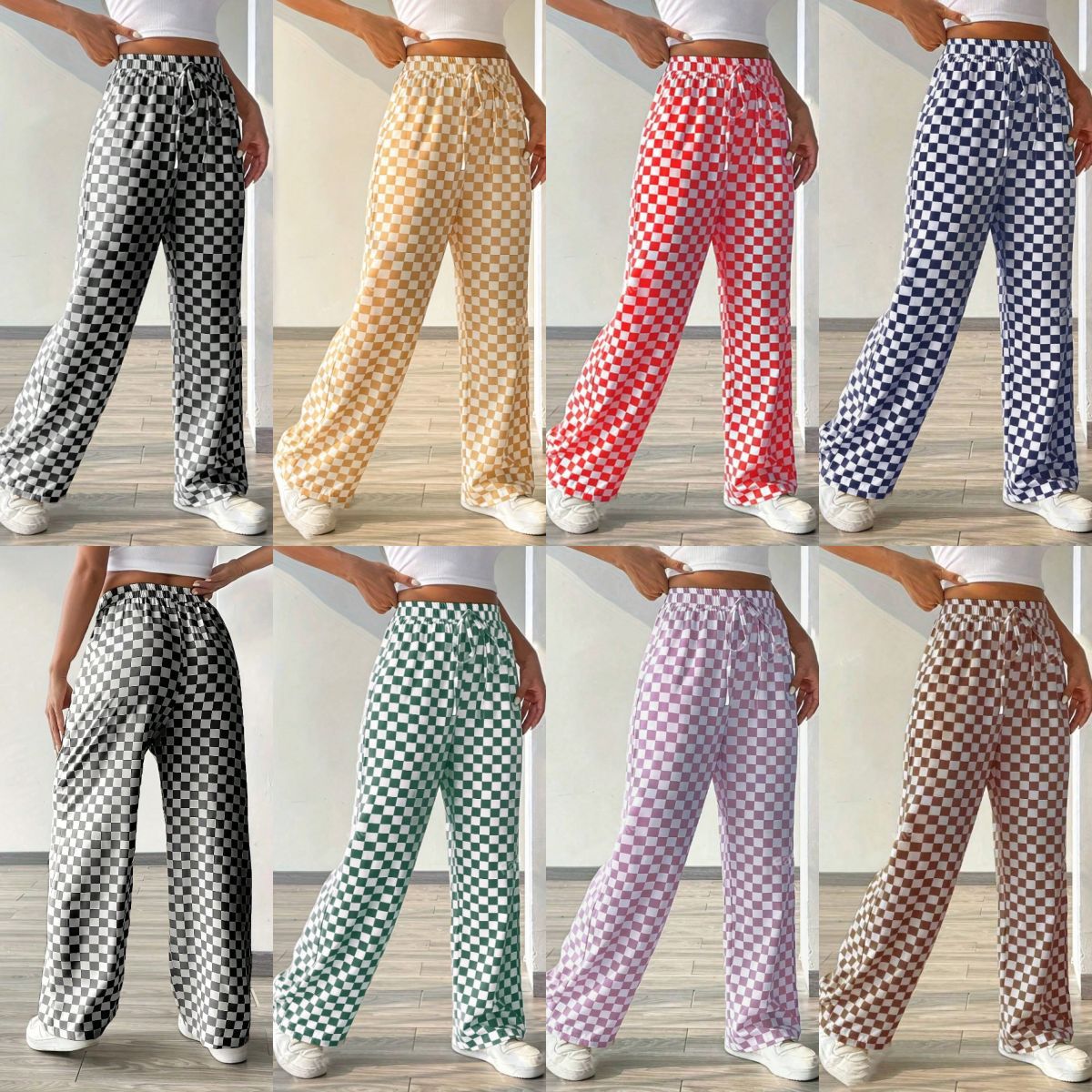 亚马逊爆品欧美跨境 TEMU女装格子印花直筒阔腿裤新款