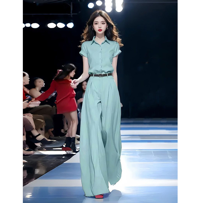 单/套装女2025夏季新款时尚显瘦短袖衬衫+高腰拖地阔腿裤子两件套|undefined