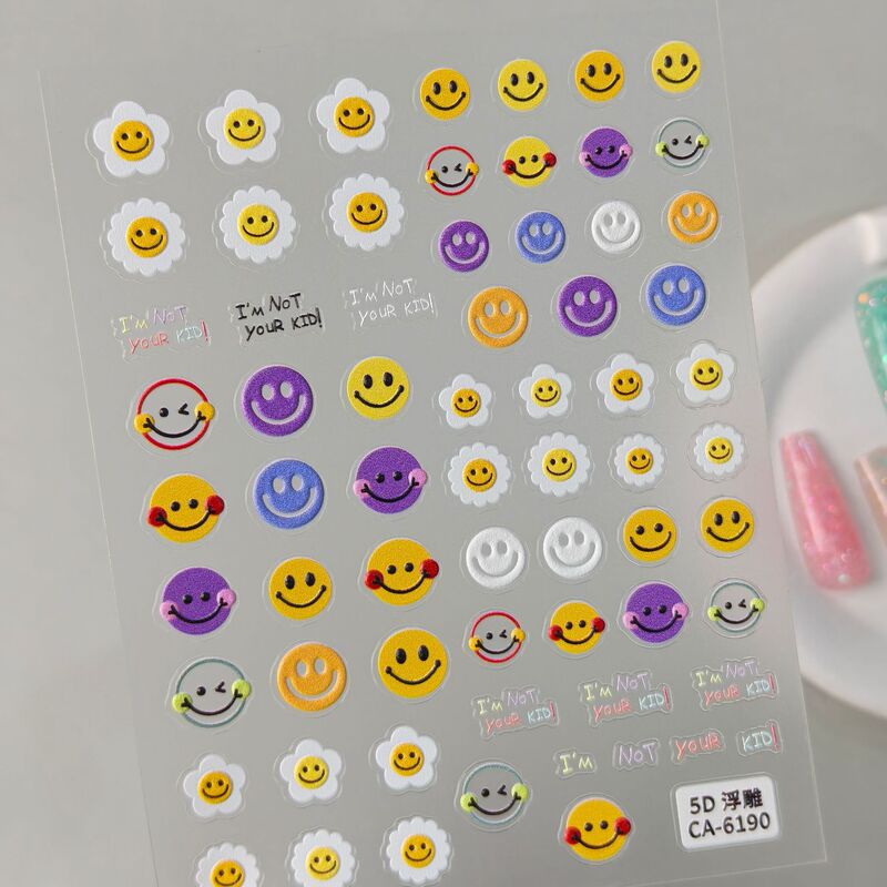 Dopamine Smiley Face Embossed Nail Stickers Korean Style Cute Flower Emoji Wearable Nails DIY Nail Stickers CA Style Dopamine Smiley Face Embossed Nail Stickers Korean Style Cute Flower Emoji Wearable Nails DIY Nail Stickers CA Style