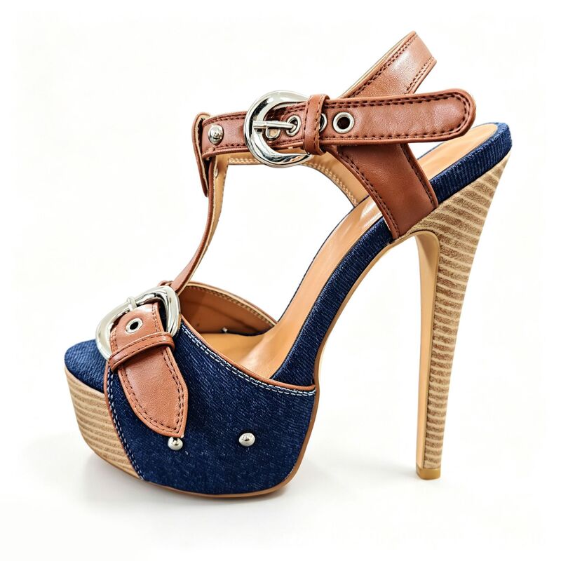 2026 New Denim Color-Block High-Heel Sandals European and American Cross-Border Plus Size 46 Buckle Decoration Waterproof Platform Sandals 46