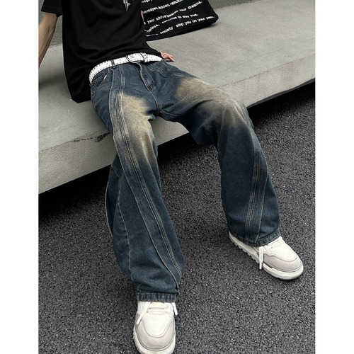 Vintage High Street Men's Summer Thin Straight Leg American Style Blue Retro Fashion Casual Slim Fit Loose Wide Leg Jeans