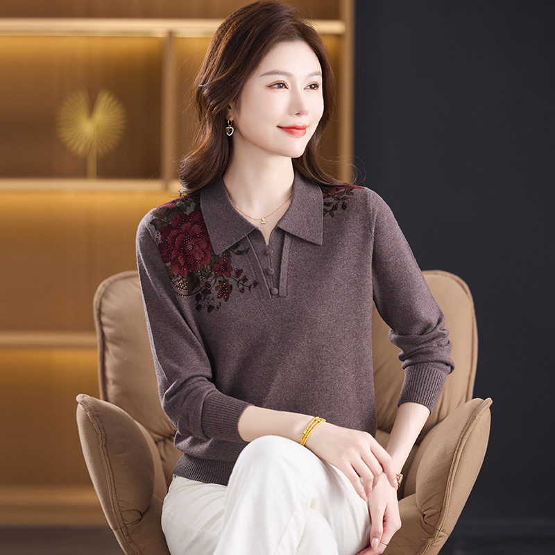 秋冬时尚翻领羊毛针织妈妈上衣绵羊毛休闲毛衣中年妈妈毛衫，女装针织衫/毛衣，妃慕昵服饰