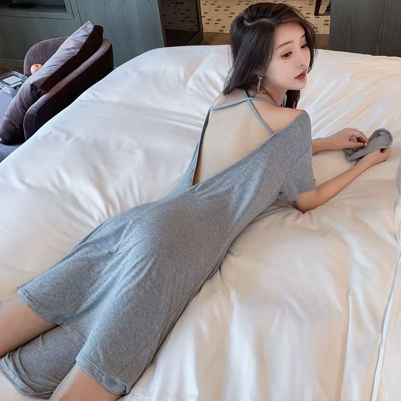 Pajamas Women's Summer Korean Style Sexy Nightgown Mid-Length Short-Sleeved plus size Sling dress Backless Loose Home Clothes