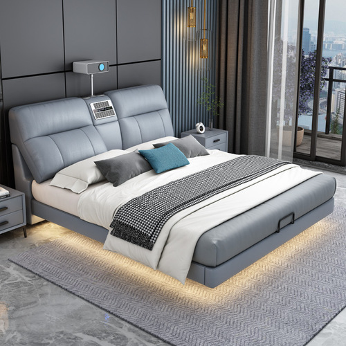 Modern Minimalist Leather Bed with Multifunctional Projector and Speaker, USB Charging, Smart Bed, Small House Living Room Floating Bed
