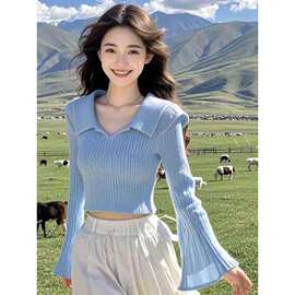 新款韩系小众设计感翻领喇叭袖蓝色毛衣针织衫女短款上衣欲风