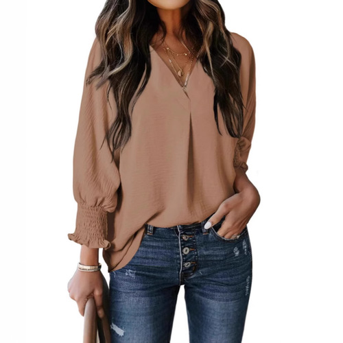 Women's V-neck Casual Long-sleeve Loose Shirt Top Blouse T-shirt - New Arrival for Fall/Winter 2024 on Amazon US and Europe