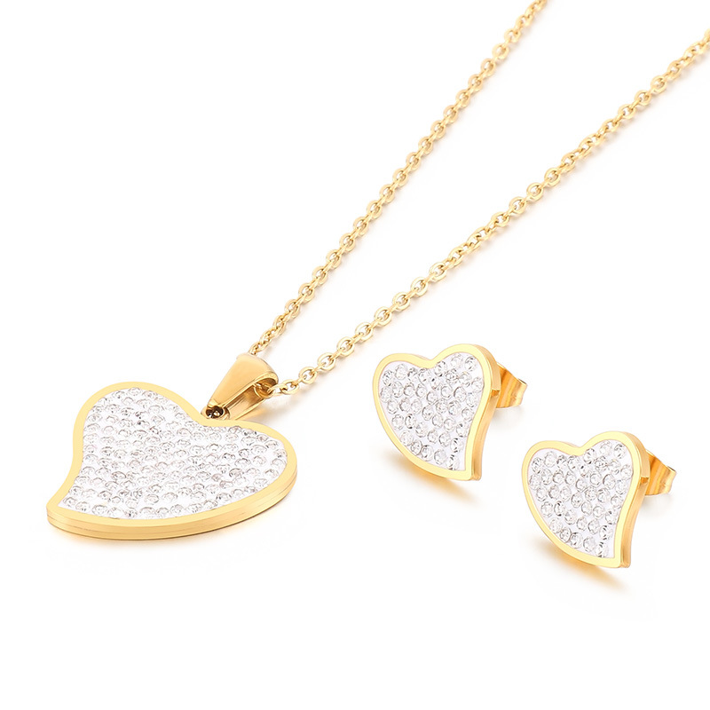 Juego de joyería de acero de titanio con collar y pendientes de corazón con circonitas estilo europeo americano