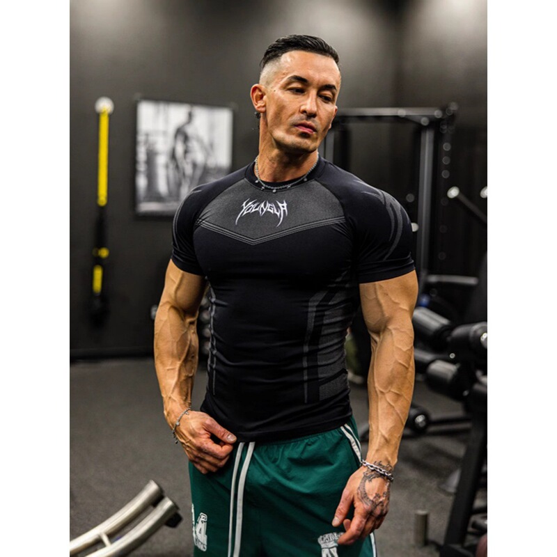 Cross-Border Bodysuit Youngla Jogger Sports Fitness Short-Sleeved Men's Training American Trendy Men's Tight T-Shirt