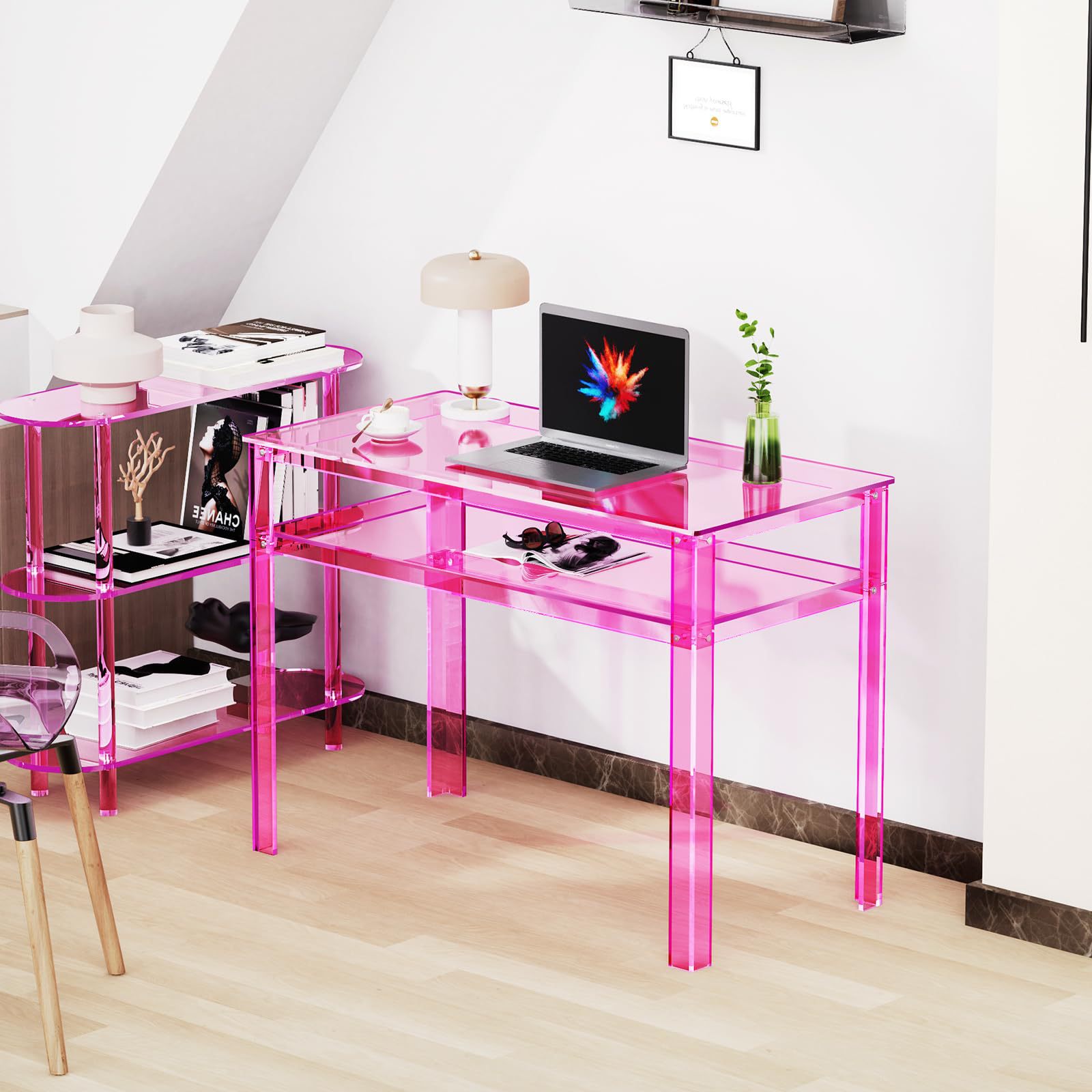 Pink Girl Acrylic Makeup Table Four-Legged High Table Desk Office Computer Table