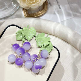 夏季古风灵动渐变色葡萄耳坠 法式清新甜美绿叶紫葡萄耳钉耳饰