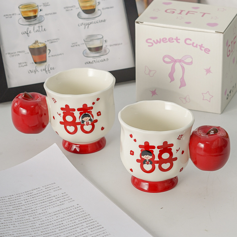 Cute Red Apple Ceramic Mugs with Double Happiness Character, Couple Mugs, Wedding Gift, High-Quality Design, Unique and Stylish