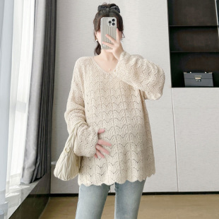 Maternity Wear Spring Tops 2025 New Fashionable and Trendy Mom Loose Mid-Length V Neck Cut Out Knitwear