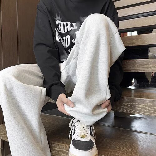 Men's Autumn New Heavyweight Alphabet Embroidered Sports Lounge Pants with Japanese Retro Badass Wide Leg Casual Trousers