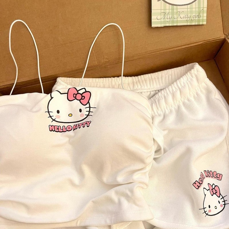 KT 猫パジャマ女性の夏のキャミソールショーツ学生甘いウェアラブルセクシーなハローキティホーム服セット|undefined