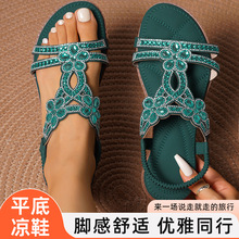 度假必备波西米亚水钻镶嵌平底凉鞋欧美风沙滩女鞋夏日穿搭