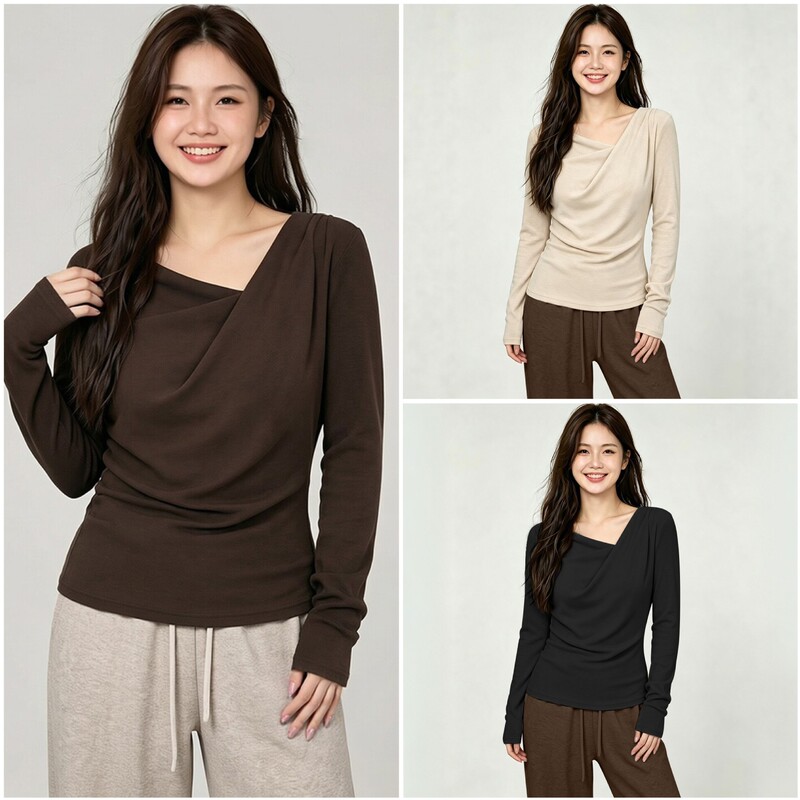 Women's knitted top with a stylish slanted neckline, designed to conceal the stomach and create a slimming effect, plus-size, fashionable outerwear, and a versatile base layer T-shirt, style 3771