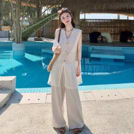 气质蕾丝拼接米色马甲阔腿裤套装女2026夏新款随性时尚穿搭两件套