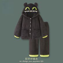 2025新款卡通无牙仔情侣睡衣女冬季珊瑚绒加厚加绒男士家居服套装