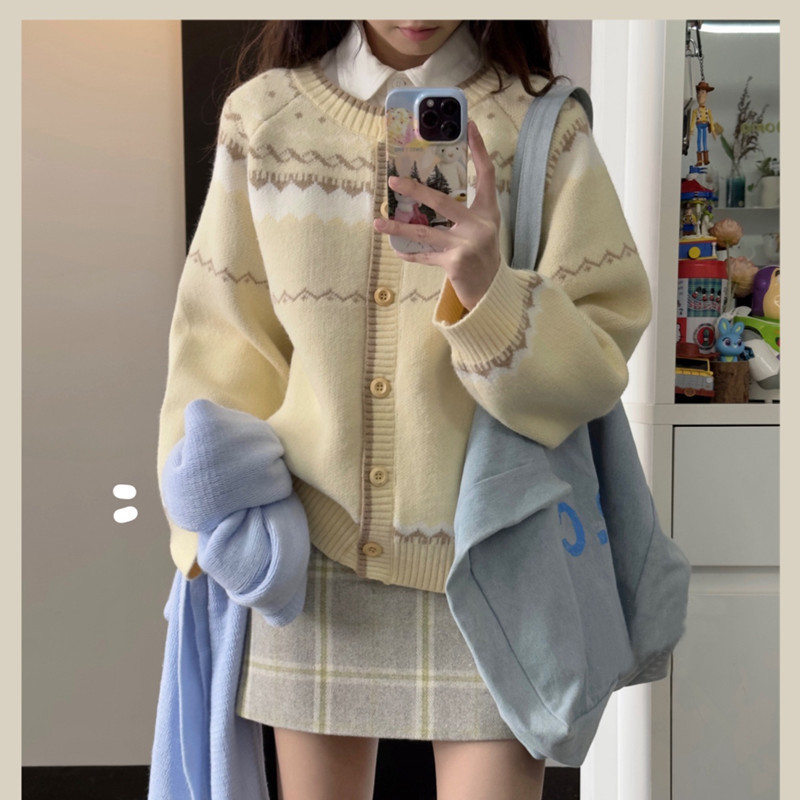 優しい風ファフーフェアアイルソフトワックスセーター女性の 2025 春と秋の新ニットカーディガン韓国トップジャケット|undefined