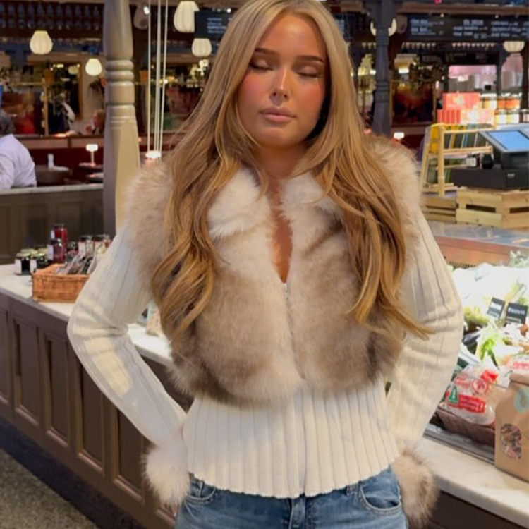 Elegant and Slim Long-Sleeved Zipper Knitted Splicing Fur Cardigan 2025 Autum New Cross-Border European and American Style Elegant and Slim Long-Sleeved Zipper Knitted Splicing Fur Cardigan 2025 Autum New Cross-Border European and American Style