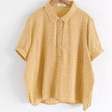 2025夏季新品文艺小格子宽松双层棉纱短袖衬衫女翻领衬衣