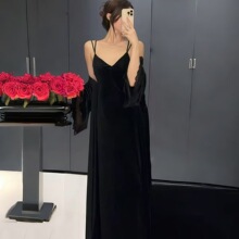 法式睡衣女秋冬金丝绒长款吊带睡袍无袖百搭V领美背露背长裙长袍