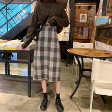 早秋新款格子毛呢裙松紧腰后开叉中长裙包臀小宽松半身裙子女秋冬