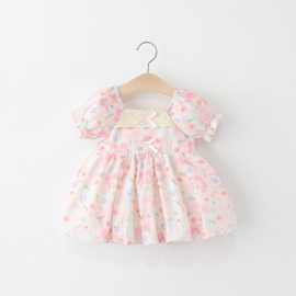 外贸新款童装批发 棉布碎花女童短袖连衣裙 一字肩连肩袖花包裙