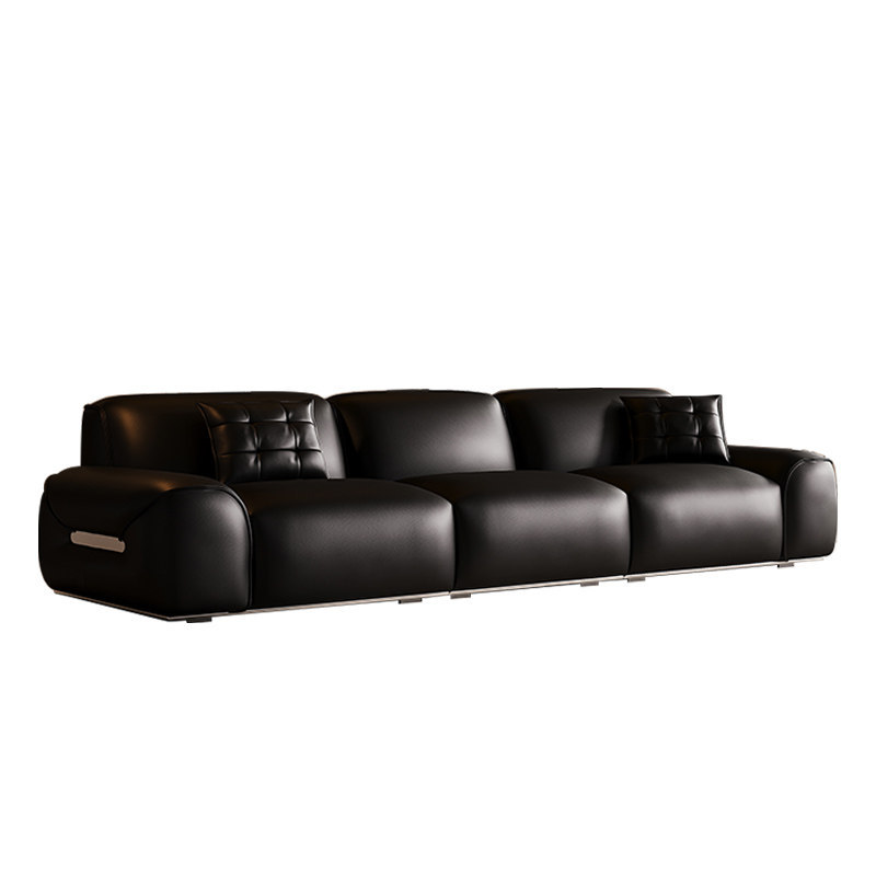 Sofá de bisón minimalista italiano negro recto sofá de cuero, sofá de cuero de vaca, sala de estar diseñador de sofá combinación