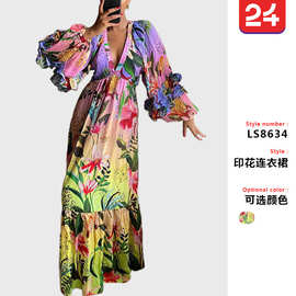 2025夏季亚马逊新款印花渐变色荷叶边V领性感显瘦长款连衣裙 礼服