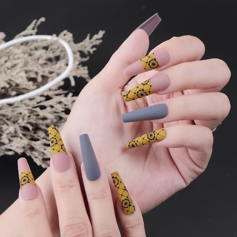 Contrast Long Ballet Armor Grey Yellow Flower Wear Armor Frosted Finished Fake Nail Amazon Ins Style Nail Art