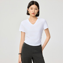 时尚纯色女式T恤高端短袖经典百搭简约显瘦百搭上衣内搭V领体恤衫
