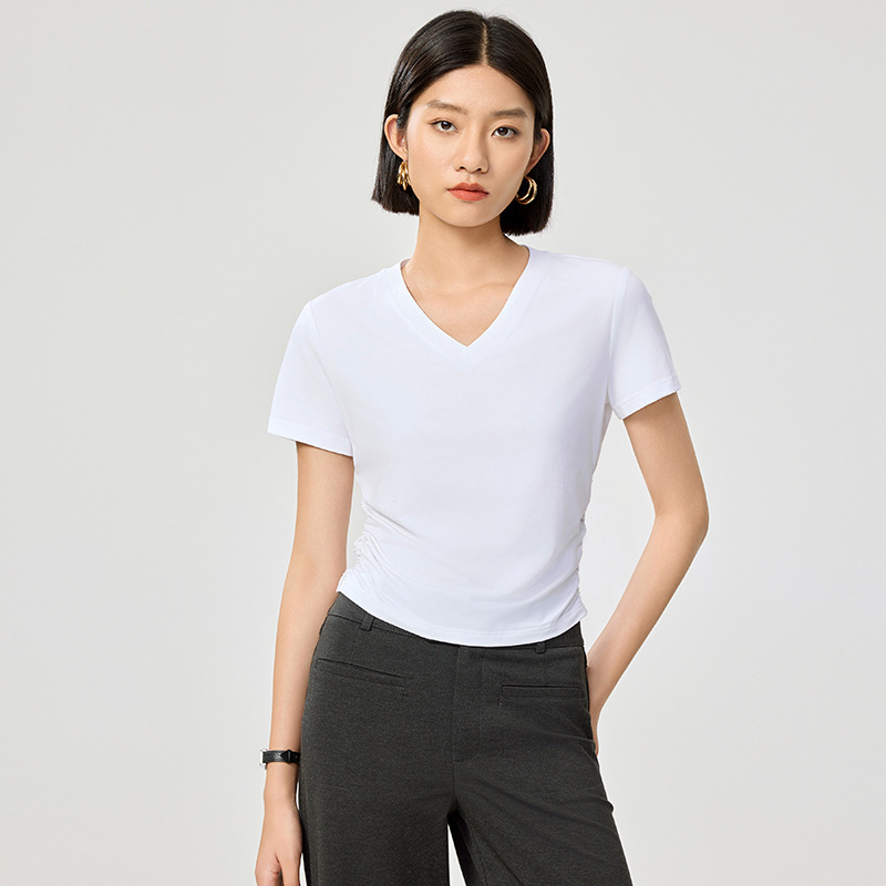 Fashion Solid Color Women's T-Shirt High-End Short Sleeve Classic Versatile Simple Slimming Versatile Top with V-Neck T-Shirt