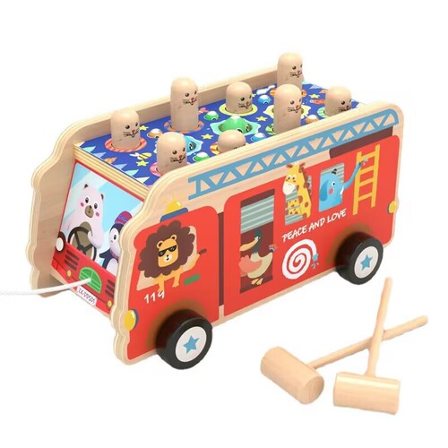 Wooden early education fire truck cartoon animal fishing and catching insects and whack-a-mole baby knock-knock building blocks tractor toy