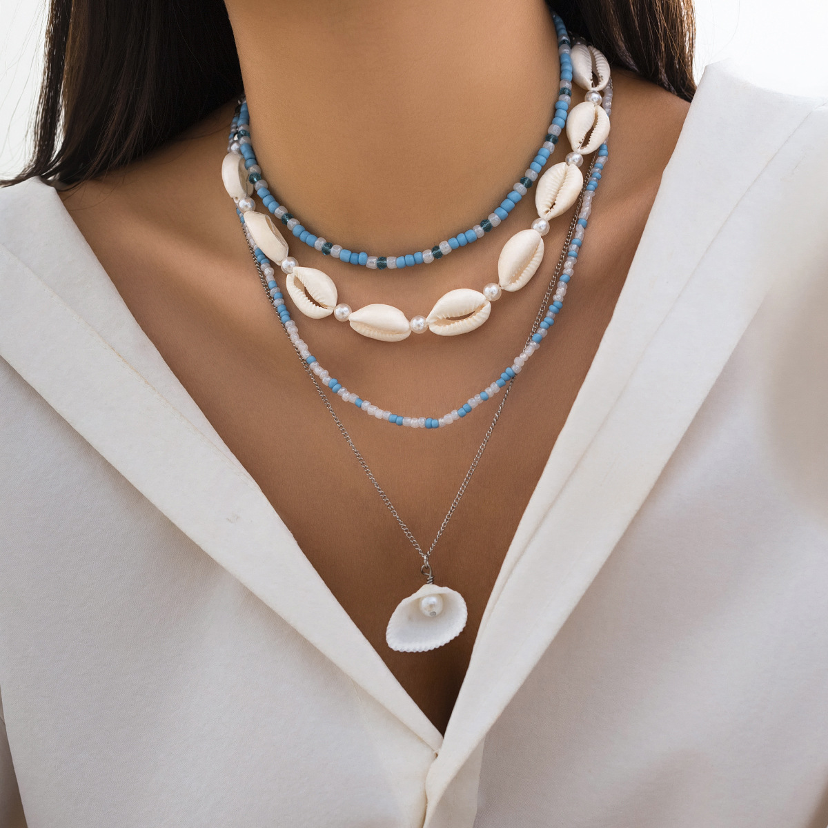 Boho-Halskette mit Muscheln und Seesternen, Vintage-Perlen-Halskette mit Quasten, Urlaubs- und Strandkette, Schmuck für Frauen und Mädchen_voghion.com